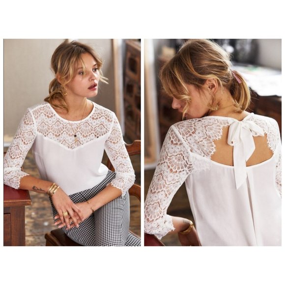 💕SEZANE💕 Adeline Top - 100% Silk Lace Detail Beck Tie 34 - Picture 1 of 15